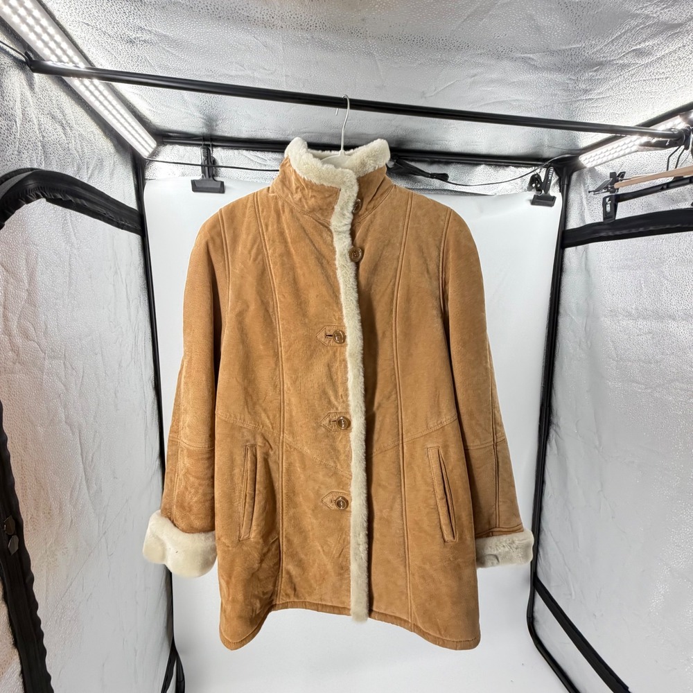 Gallery Womens Tan Suede Leather Faux Fur Lined Jacket Coat Small Toggle Button